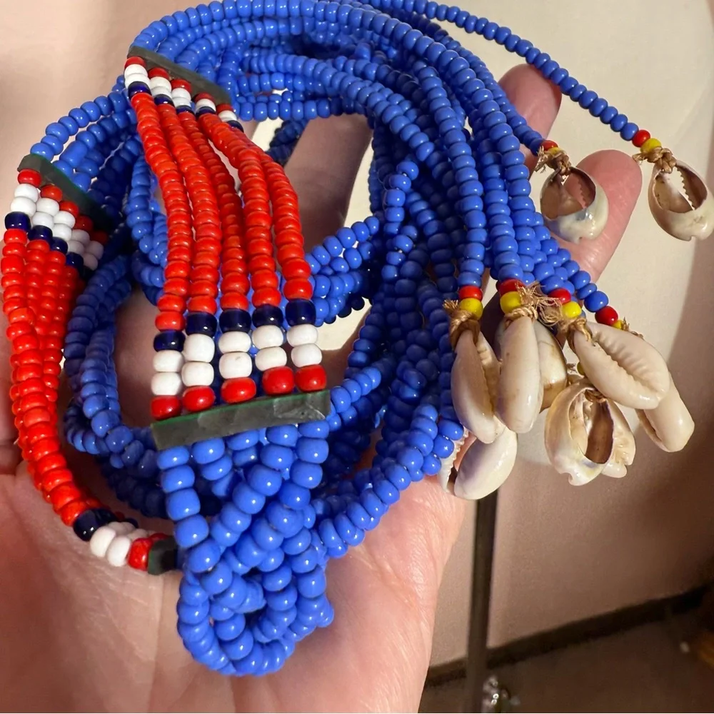 Vintage southwestern red blue Beaded Belt necklace shell tassels adjustable